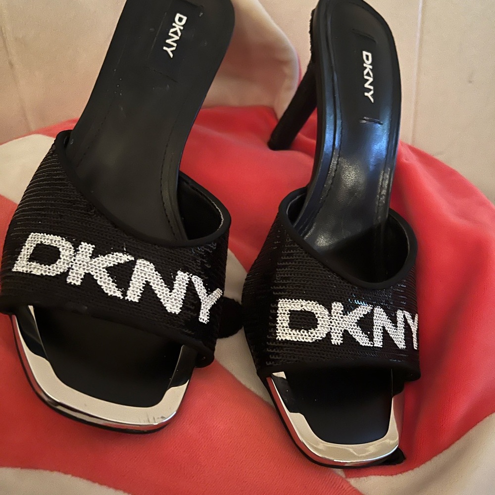 DKNY Heels Black Sequin Slip On Open Toe 6 1/2